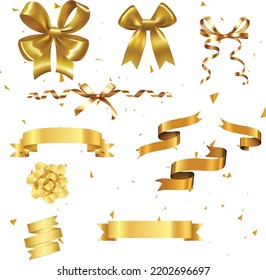 Set of decorative golden ribbon with yellow ribbon isolated on white background. Vector illustration