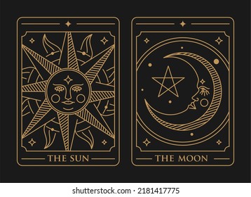 Set of decorative golden tarot cards the sun and the moon in isolated on black background. Vintage mystic sun and moon tarot card in ornamental line art style. Sun with face. Moon with face