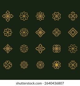 Set of decorative, gold-outlined, symmetrical floral shapes on a dark green background.  The designs are geometric and stylized, evoking a sense of elegance and sophistication. 