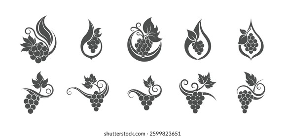 Set of decorative grape and vine logo icons in black and white minimalist design	

