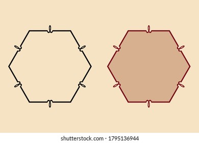 Set of decorative graphic geometrical frames. Hexagon shape ornate for web cards, invitations. Gold background. Vector 