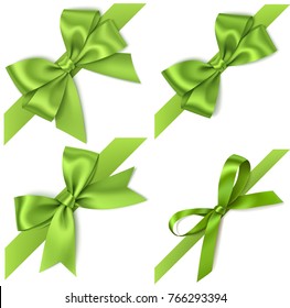 Set of decorative green bows with diagonally green ribbon on the corner of page for gift decor. Vector bow and ribbon isolated on white. Holiday decorations 