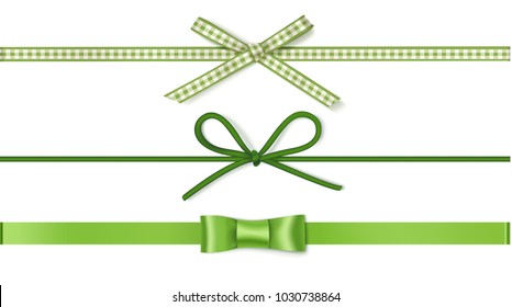 Set of decorative green bows with horizontal ribbons isolated on white. Vector illustration