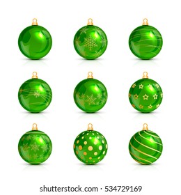 Set of decorative green Christmas balls isolated on white background, illustration.