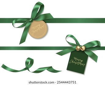 Set of decorative green price tag with Merry Christmas calligraphy greeting text and green bow isolated on white. New Year decoration for winter sale design. Vector stock illustration.