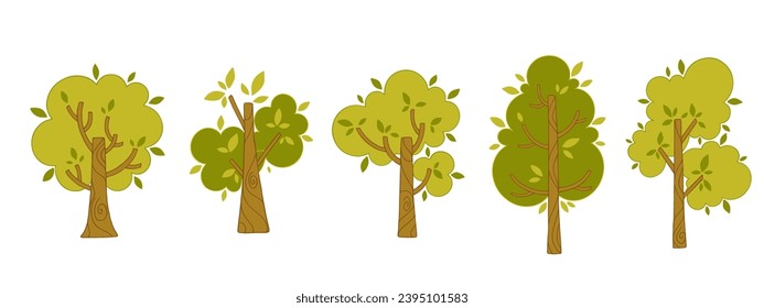 Set of decorative green spring and summer trees.Vector graphics.