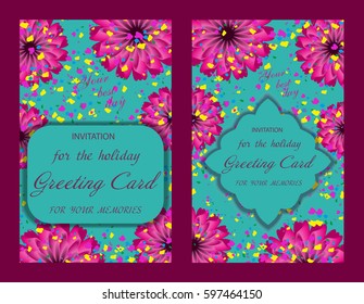 Set decorative greeting card or invitation and wedding. Beautiful turquoise backdrop horizontal design with flowers and confetti. Vector illustration.