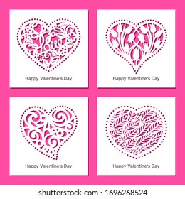 Set of decorative greeting vector cards with hearts, flowers, patterns. Design element, sample for plotter cutting, handmade. Template for paper cut, plywood, cardboard, metal engraved, wood carved. 