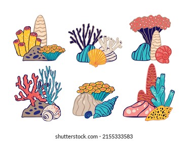Set of decorative groups of marine colored corals, stones isolated on white. Sets of underwater flora and fauna for invitations, postcards, posters, children's decor. Cartoon cute vector illustration