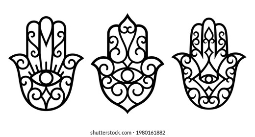 Set of decorative hamsa symbols with eye. Elements of patterns for laser and plotter cutting, embossing, engraving, printing on clothing. Ornaments for henna drawings in the oriental style.