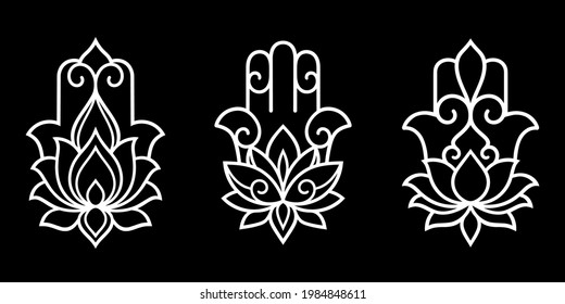 Set of decorative hamsa symbols with lotus flower. Elements of patterns for laser and plotter cutting, embossing, engraving, printing on clothing. Ornaments for henna drawings in the oriental style.