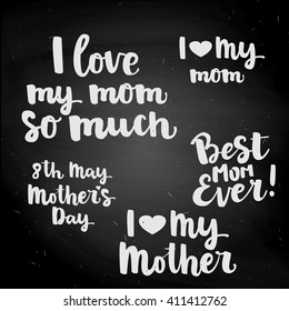 Set of decorative hand drawn chalk lettering "Mother's Day" isolated on black chalkboard background. Mother Day vector calligraphy collection for greeting cards, posters, vouchers, print products.