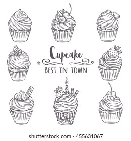 Set decorative hand drawn cupcakes. Vector illustration cupcakes in old ink style.