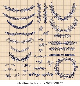 Set of decorative hand drawn design floral elements
