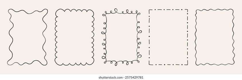 Set of decorative hand drawn doodle rectangle frames. Simple and elegant outlines featuring wavy, curly, and dashed lines. Perfect for designing cards, invitations, and creative projects.