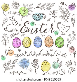 Set of decorative hand drawn Easter doodle elements for design. Vector kit with watercolor texture.