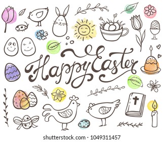 Set of decorative hand drawn Easter doodle elements for design. Vector kit with watercolor texture.