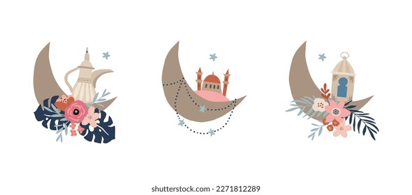 Set of decorative hand drawn elements, icons for Ramadan holiday. Crescent half moons with flowers, palm leaves. Decorative lanter, coffee jug and mosque with stars. Isolated vector objects, stickers.