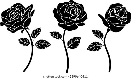 Set of decorative hand drawn roses. Flower icon. Floral decoration for valentine's day. Vector illustration.