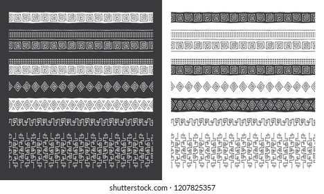 Set of decorative hand drawn vector borders. Hand drawn tribal and geometric design elements. Pattern brushes included.