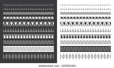 Set of decorative hand drawn vector borders. Hand drawn tribal and geometric design elements. Pattern brushes included.