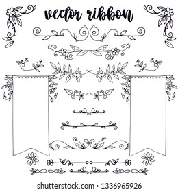 Set of decorative hand drawn vector ribbon flags and flowers. Empty banner for looking design of label, text header, title, calligraphy or lettering. Useful pretty tool, illustration in doodle style