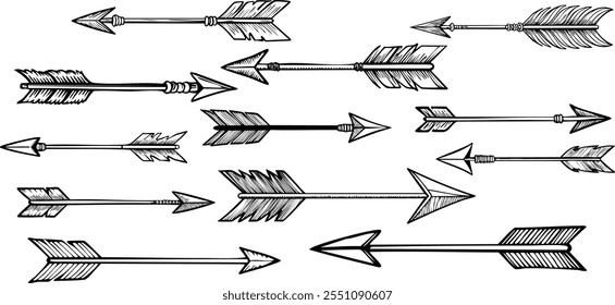 Set of decorative, hand-drawn arrows. Ideal for boho, western, and native American designs. Use for tattoos, patterns, and more.