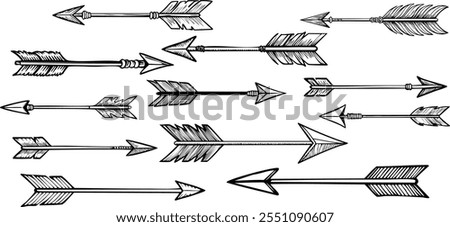 Set of decorative, hand-drawn arrows. Ideal for boho, western, and native American designs. Use for tattoos, patterns, and more.