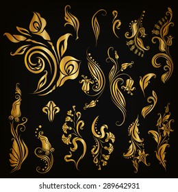 Set of decorative hand-drawn calligraphic elements, gold floral pattern for page, frame, border, invitation, gift card design. Elegant retro collection on black background. Vector illustration EPS 10