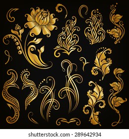 Set of decorative hand-drawn calligraphic elements, gold floral pattern for page, frame, border, invitation, gift card design. Elegant retro collection on black background. Vector illustration EPS 10