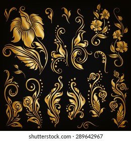 Set of decorative hand-drawn calligraphic elements, gold floral pattern for page, frame, border, invitation, gift card design. Elegant retro collection on black background. Vector illustration EPS 10