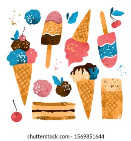 Set with decorative handdrawn types and varieties of ice cream on a white background. The items for the menus of cafes and restaurants, invitations, stickers in the window, card. Vector illustration.