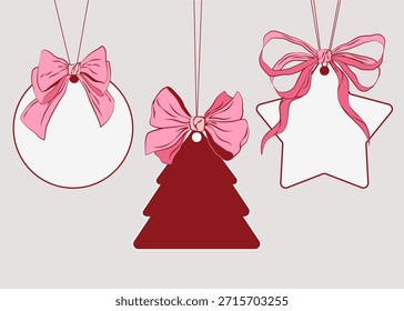 Conjunto de etiquetas de regalo colgantes decorativas con elegantes lazos de cinta rosa en Formas redondas, estrella y árbol de Navidad. Colores pastel suaves, diseño festivo de vacaciones, ilustración aislada para tarjetas