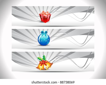 set of decorative headers for Christmas  having Christmas gifts, Christmas balls & holy spring on gray rays background