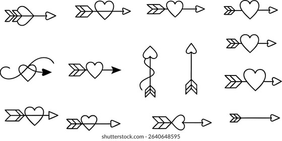 Set of decorative heart arrows in minimalist style perfect for valentines day or romantic designs