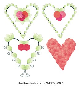 Set of decorative heart shapes with roses and leaves