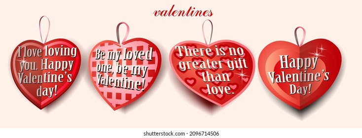 Set of decorative hearts with congratulations for valentine's day
