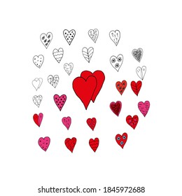 Set of decorative hearts, doodle style, hand drawn. Hearts are black-white and colored red and pink. Hearts with flowers, eyes, question, exclamations, stripes, strokes, minuses, dots, circles. Black 