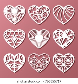 Set of decorative hearts for laser cutting. Vector illustration.