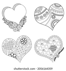 A set of decorative hearts on a white background. Anti-stress coloring book for adults and children. Decorative element for the design of postcards, invitations