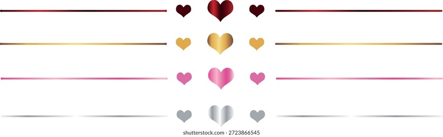 set of decorative holiday frames with hearts in the middle and lines on both sides with multi-colored gradients, for the design of postcards, banners or posters