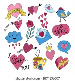 Conjunto de objetos decorativos para el Día de San Valentín, en gráficos vectoriales, sobre un fondo blanco. Para el diseño de postales, afiches, impresiones para camisetas, tazas, papel envolvente, embalaje, textiles.