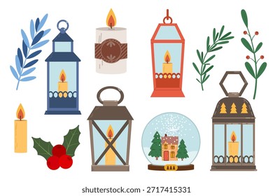 Set of decorative holiday lanterns with candles. Flat-style illustration of a lighting element for home decor.
