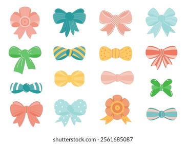 Set of  decorative holiday ribbon bows for gifts, to decorate hair on white background. Bow  for gift wrapping for birthday, Christmas, New Year. Isolated Flat Vector 