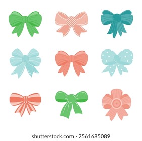 Set of  decorative holiday ribbon bows for gifts, to decorate hair on white background. Bow  for gift wrapping for birthday, Christmas, New Year. Isolated Flat Vector 