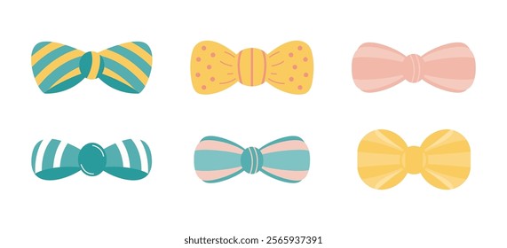 Set of  decorative holiday ribbon bows for gifts, to decorate hair on white background. Bow  for gift wrapping for birthday, Christmas, New Year. Isolated Flat Vector 