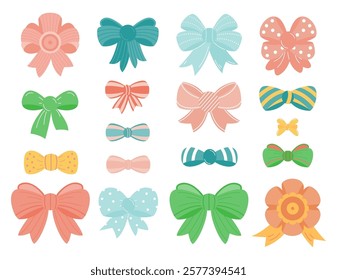 Set of  decorative holiday ribbon bows for gifts, to decorate hair on white background. Bow  for gift wrapping for birthday, Christmas, New Year. Isolated Flat Vector 