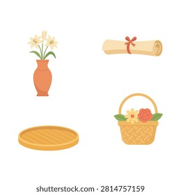 Set of decorative home including a vase with white lilies, a rolled parchment scroll with a red ribbon, a woven basket, and a wooden tray