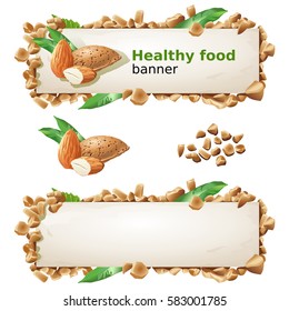 Set of decorative horizontal banners with almond and ground nuts. Vector illustration in a realistic style.