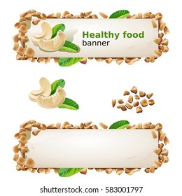 Set of decorative horizontal banners with cashew and ground nuts. Vector illustration in a realistic style.